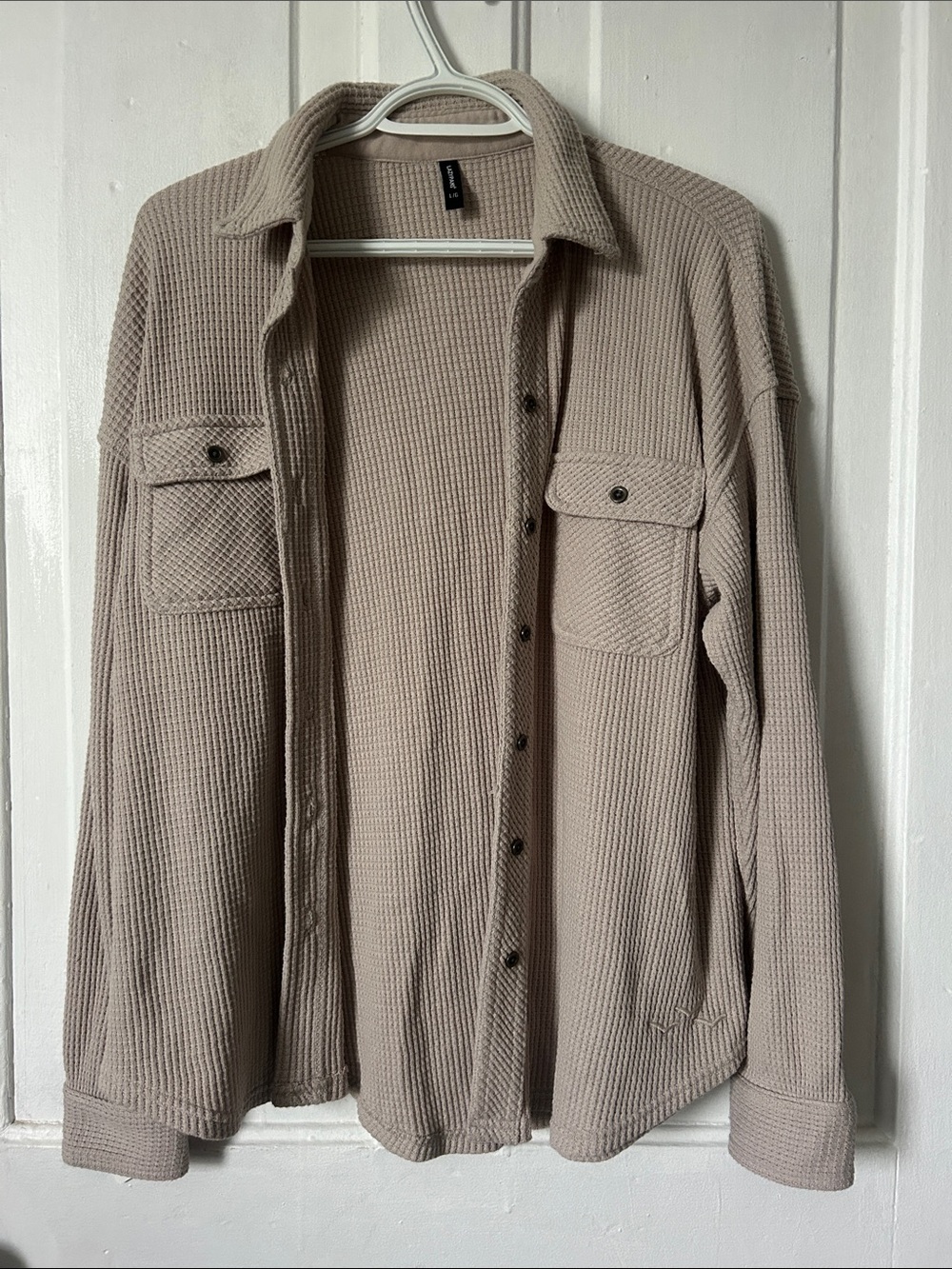 Lazypants Waffle-Knit Button-Down Shirt Jacket in Taupe